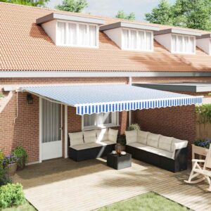 Retractable Awning Manual Blue and White 500 x 300 cm