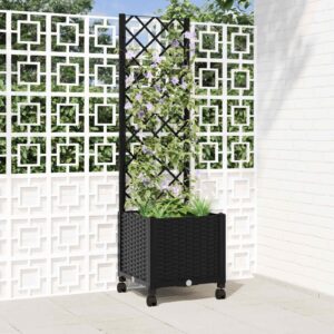 Garden Planter with Trellis&Wheels Black 40 x 40 x 146 cm PP