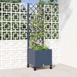 Garden Planter with Trellis&Wheels Blue Grey 40 x 40 x 146 cm