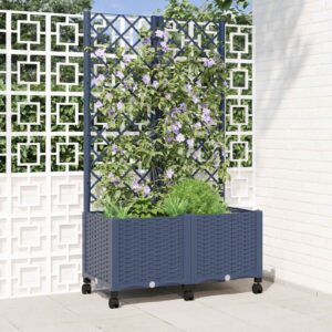 Garden Planter with Trellis&Wheels Blue Grey 80 x 40 x 146 cm