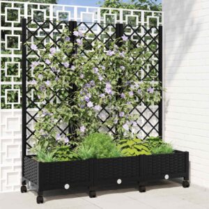Garden Planter with Trellis&Wheels Black 120 x 40 x 131.5 cm PP