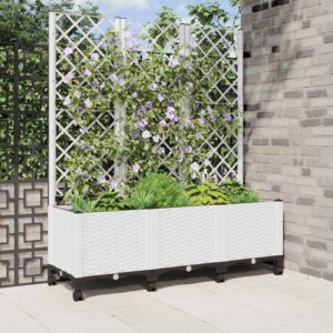 Garden Planter with Trellis&Wheels White 120 x 40 x 146 cm PP
